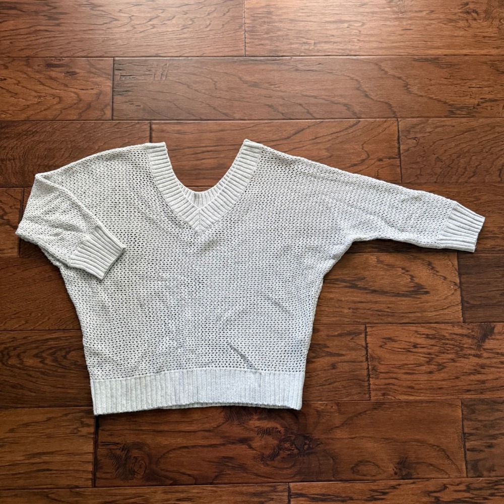 Express V-Neck Open Knit Merino Wool Neutral Dolman Sweater Quiet Luxury Gray L